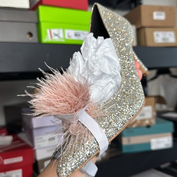 Kate Spade Silver Glitter Heels with Pink Feather Women's Marabou Dress Heels - Picture 7 of 10